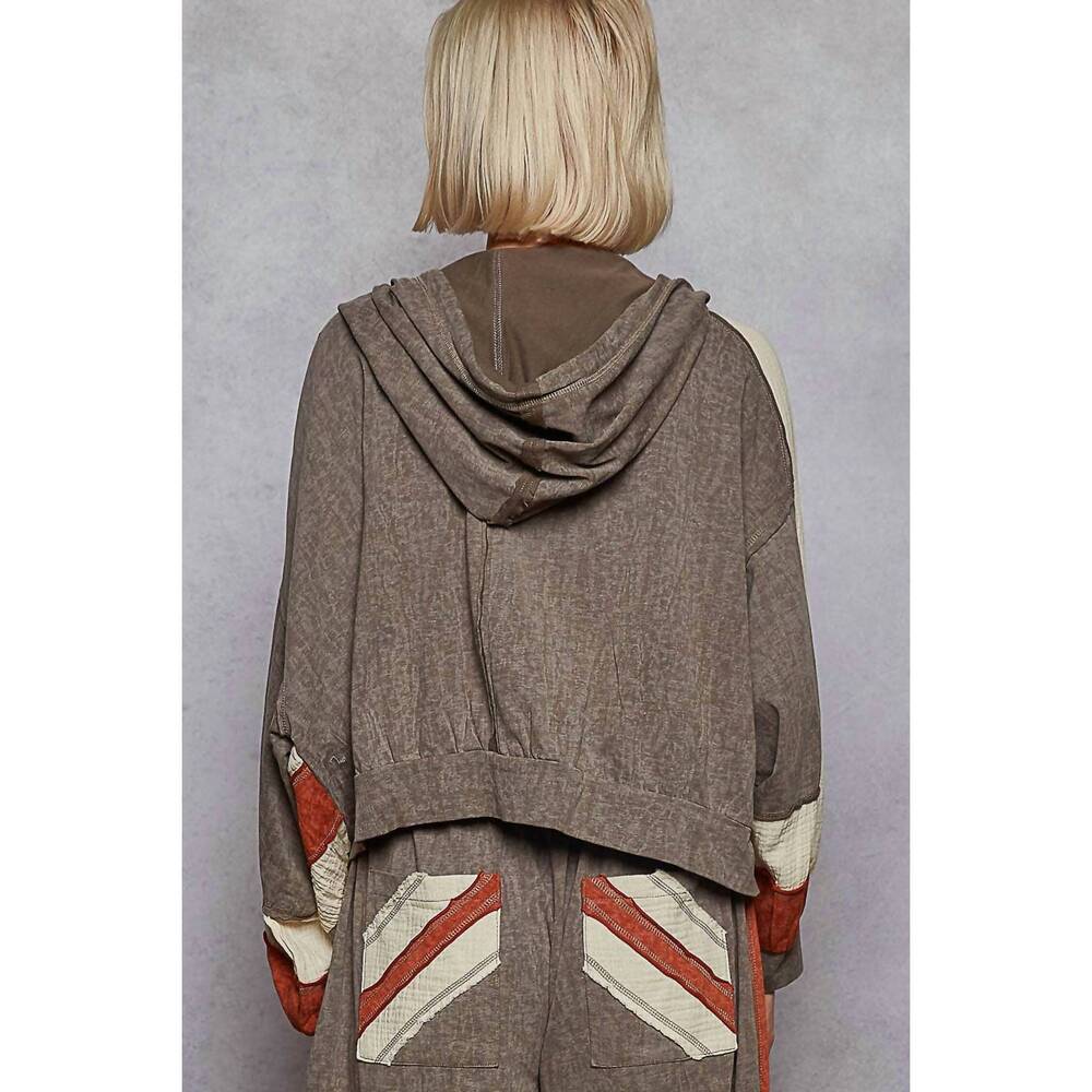 NEW POL vintage washing double gauze patch solid hooded zip up top in charcoal - Picture 5 of 7